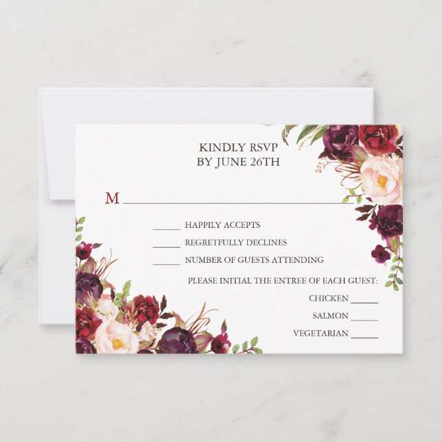 Carte RSVP Mariage Rustique Bourgogne Marsala (Devant)