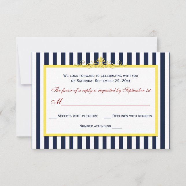 Carte RSVP Marine, Blanc, Jaune, Rouges (Devant)