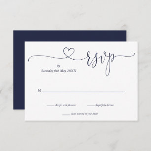 Carte RSVP Marine Blue and White Script Heart