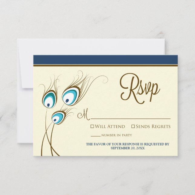 Carte RSVP (marine) pour plumes de paon {TBA} (Devant)