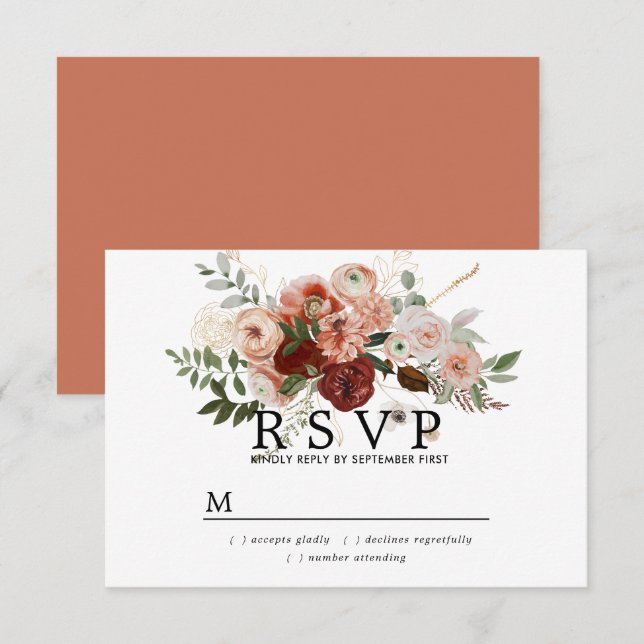 Carte RSVP Marsala Blush Terracotta Floral Wedal (Devant / Derrière)