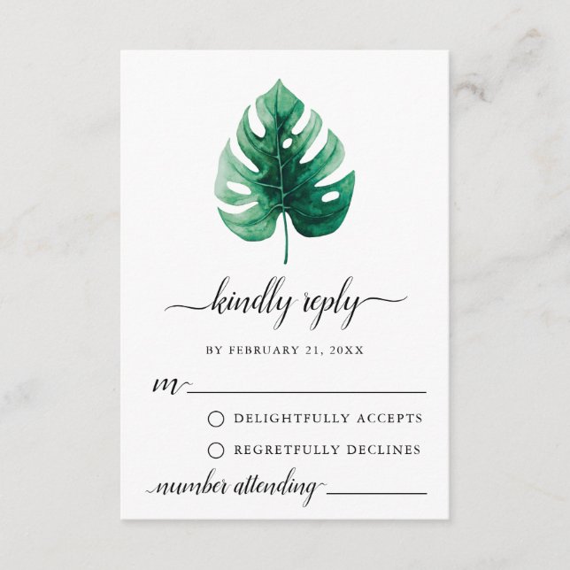 Carte RSVP mini feuille Monstera verte (Devant)