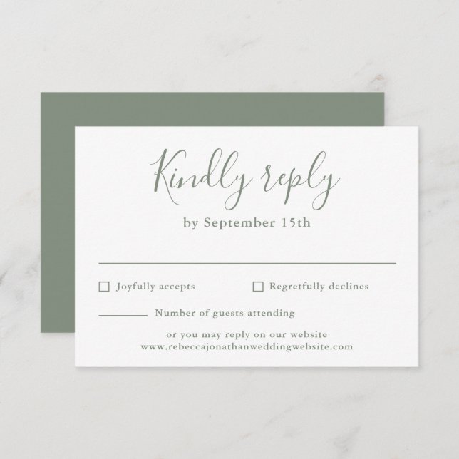Carte RSVP minimal de mariage vert olive Script (Devant / Derrière)