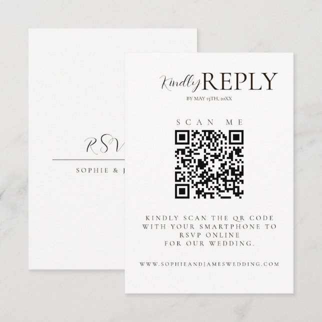 Carte RSVP minimaliste blanc + noir Mariage QR Cod (Devant / Derrière)
