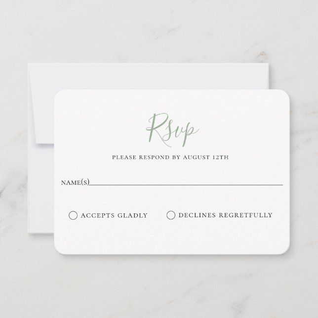 Carte RSVP minimaliste de mariage vert Sage (Devant)