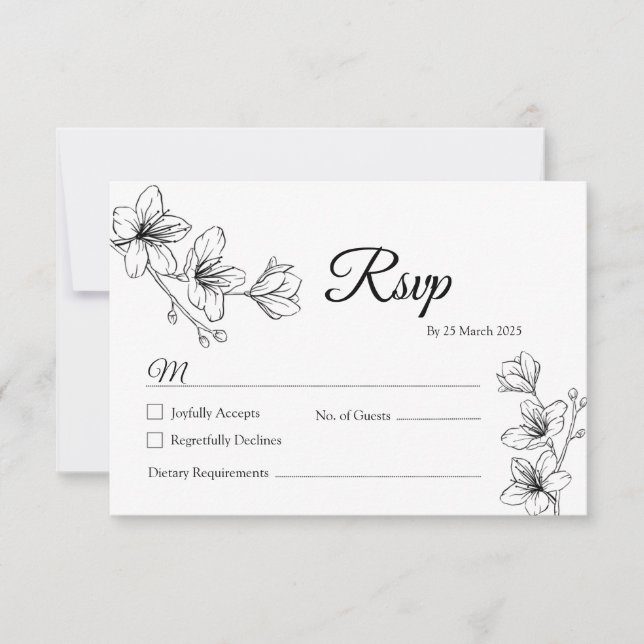 Carte RSVP minimaliste en ligne florale blanche (Devant)