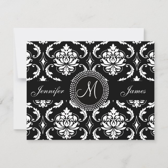 Carte RSVP Monogramme noir et blanc Damas (Devant)