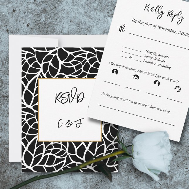 Carte RSVP Motif Abstrait noir blanc (Black White Abstract Foliage Pattern RSVP Card)