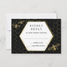 Carte RSVP Motif Honey Bee Black Gold