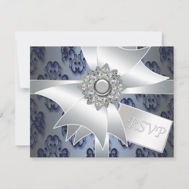Carte RSVP Navy Blue Damask (Devant)