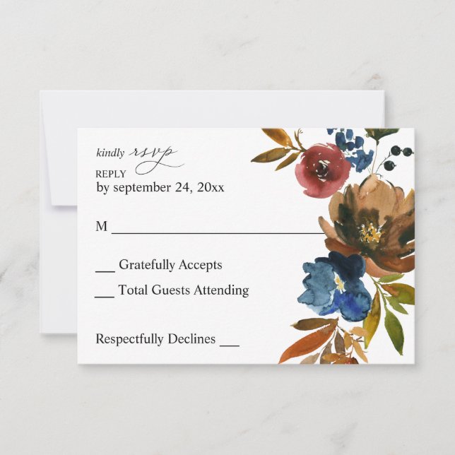 Carte RSVP Navy Blue, Orange et Brown Floral no Me (Devant)