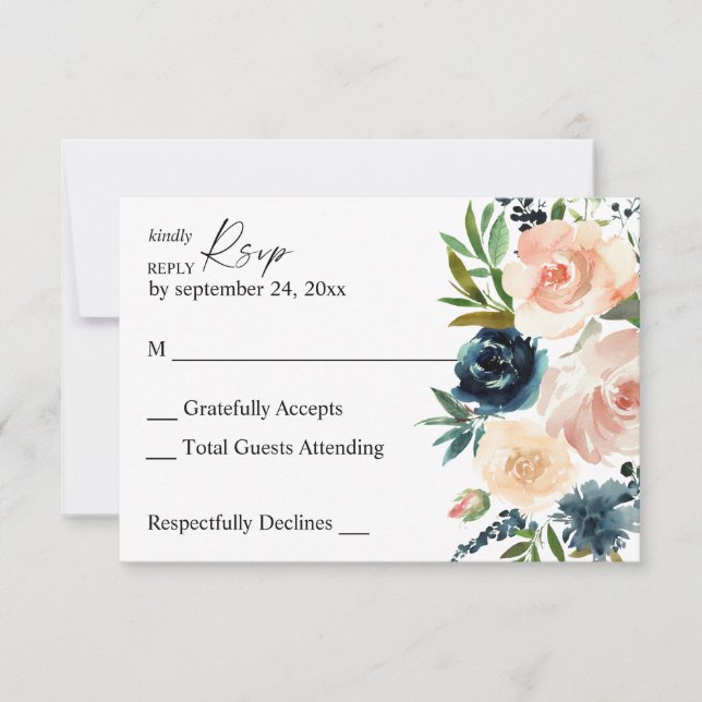 Carte RSVP Navy & Dusty Blue & Pink Floral no Meal (Devant)