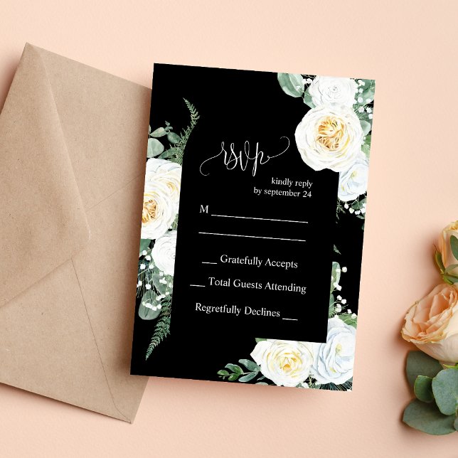Carte RSVP Noir Elégant Roses Blanches Mariage (Créateur téléchargé)