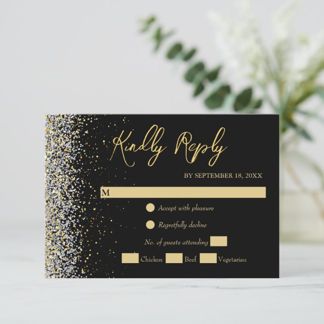 Carte RSVP Noir Et Or Élégante (Debout devant)