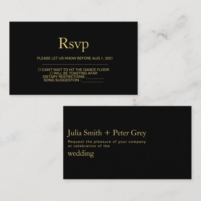 Carte Rsvp Noir et Or Moderne (Devant / Derrière)