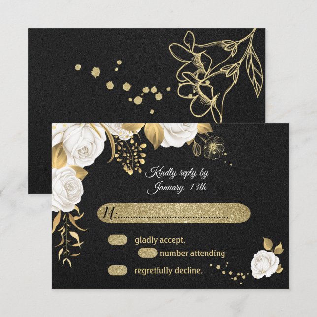 carte RSVP noir floral or blanc (Devant / Derrière)