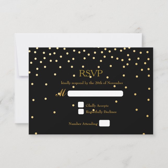 Carte RSVP Noir & Or Foil Confetti Dots Mariage (Devant)