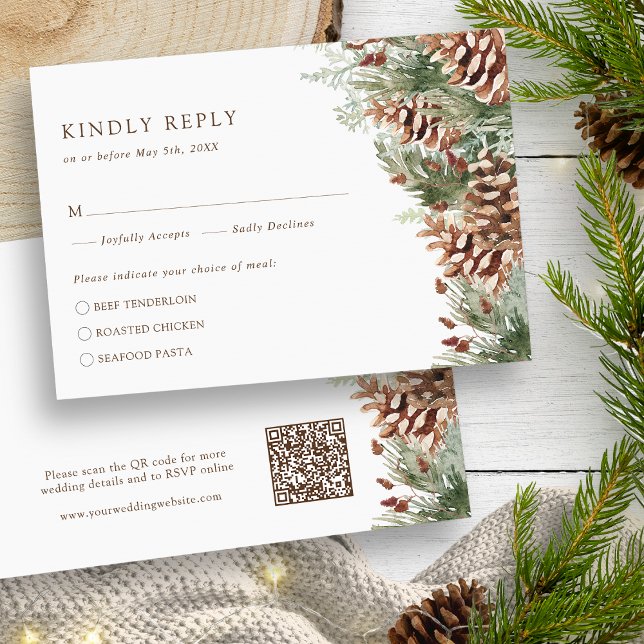 Carte RSVP Pine Winter (White Watercolor Evergreen Pine Winter RSVP Card QR Code by Painted Paperie
)