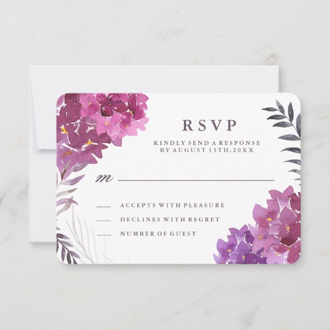 Carte RSVP pour hydrangées et plantes d'aquarelle (Devant)