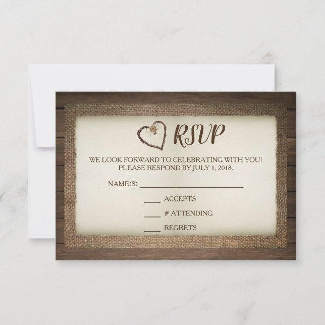 Carte RSVP pour mariage coeur en bois, burlap et T (Devant)