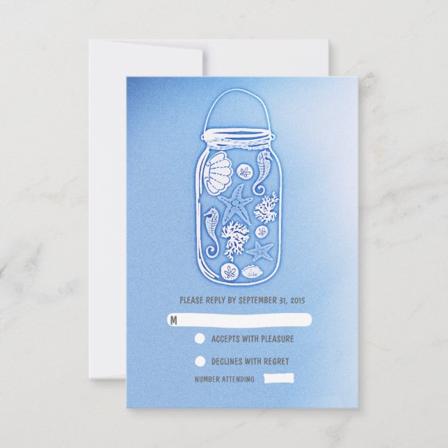 carte RSVP pour mariage en pot de plage bleu (Devant)