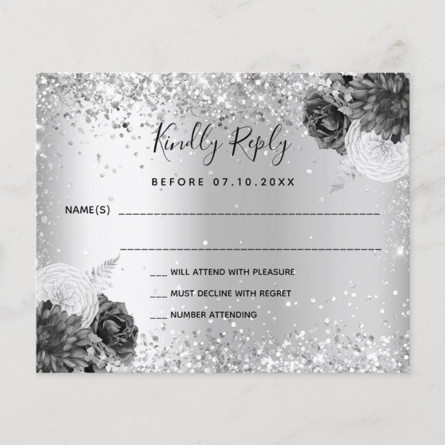 Carte RSVP pour mariage monochrome floral argenté (Devant)