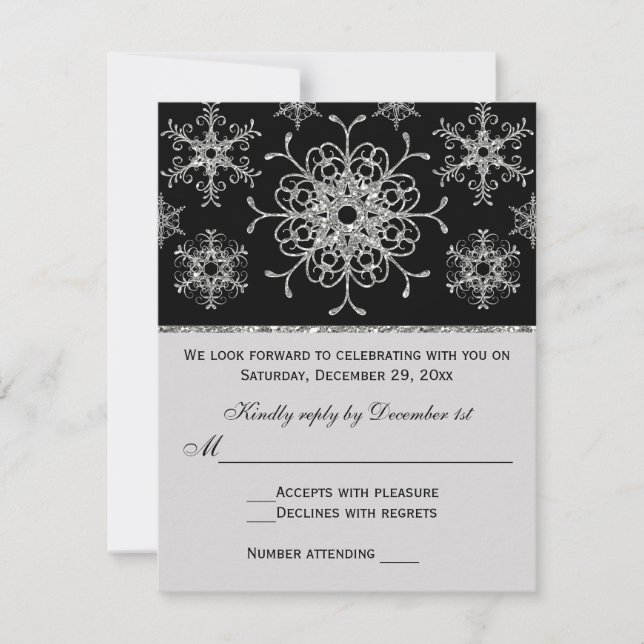 Carte RSVP pour Snowflakes Black Silver Parties sc (Devant)