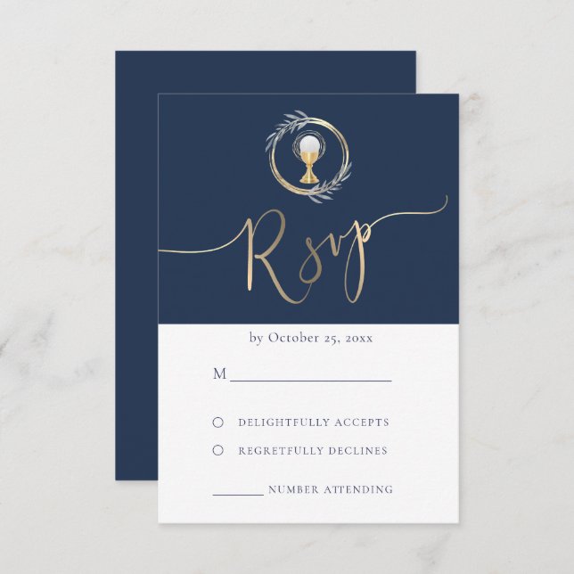 Carte RSVP première communion design bleu (Devant / Derrière)