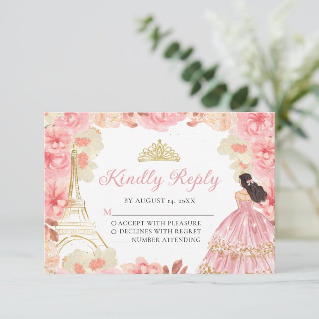Carte RSVP Princess Quinceañera Rose Gold Rose (Debout devant)