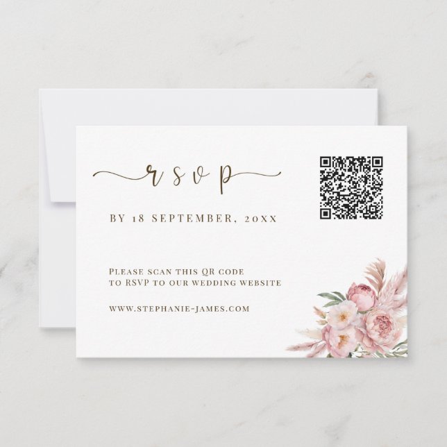 Carte RSVP QR Code Wedding avec fleurs roses (Devant)