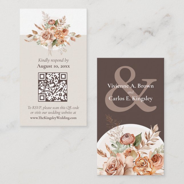 Carte RSVP QR Light Earth Tone Floral Boho Wedding (Devant / Derrière)