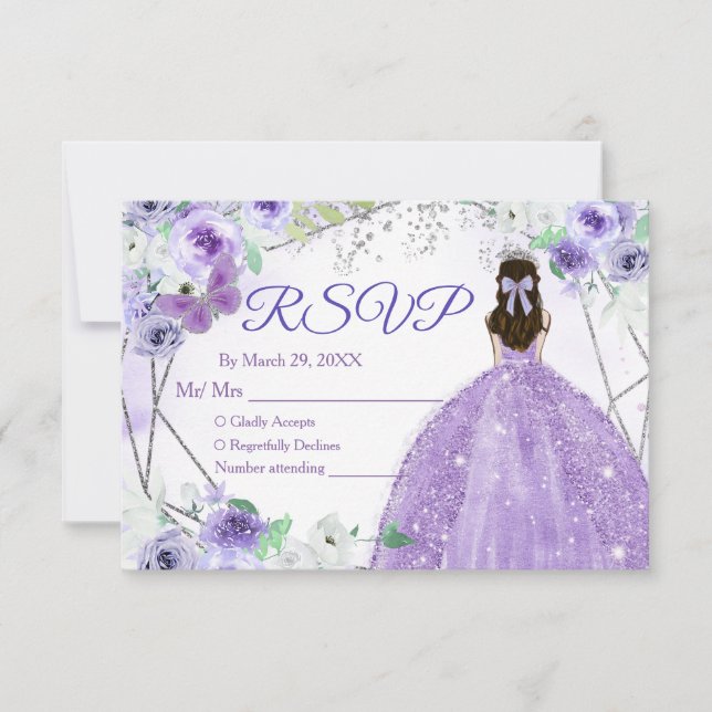 Carte RSVP Quinceañera 15 Anos Silver & Purple (Devant)