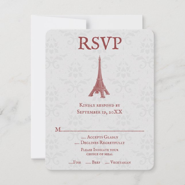 Carte RSVP Red Eiffel Tower Mariage damassé (Devant)