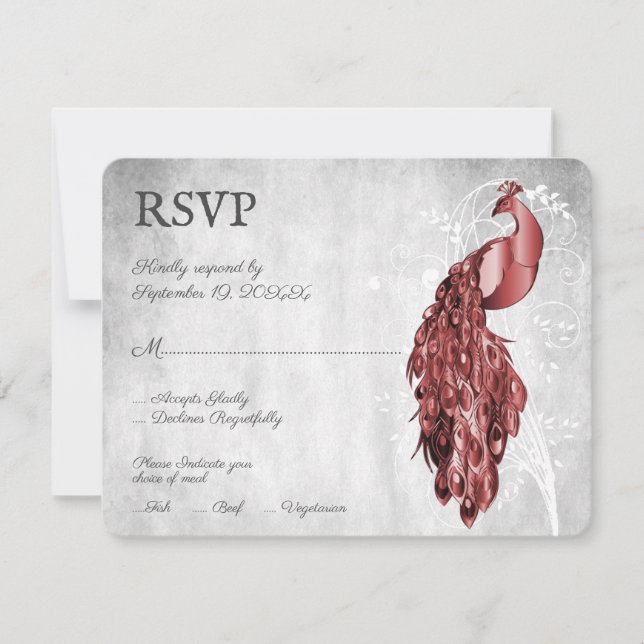 Carte RSVP Red Peacock Wedding (Devant)