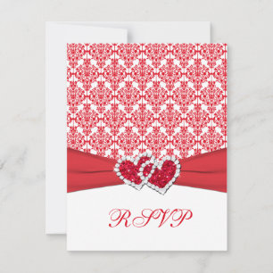 Carte RSVP Red & White Damask & Hearts