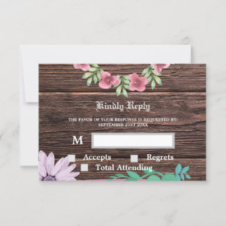 Carte RSVP & Réponse en bois et fleurs rustiques