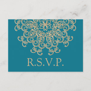 CARTE RSVP RÉPONSE INDIENNE AQUAMARINE BLEU ET OR