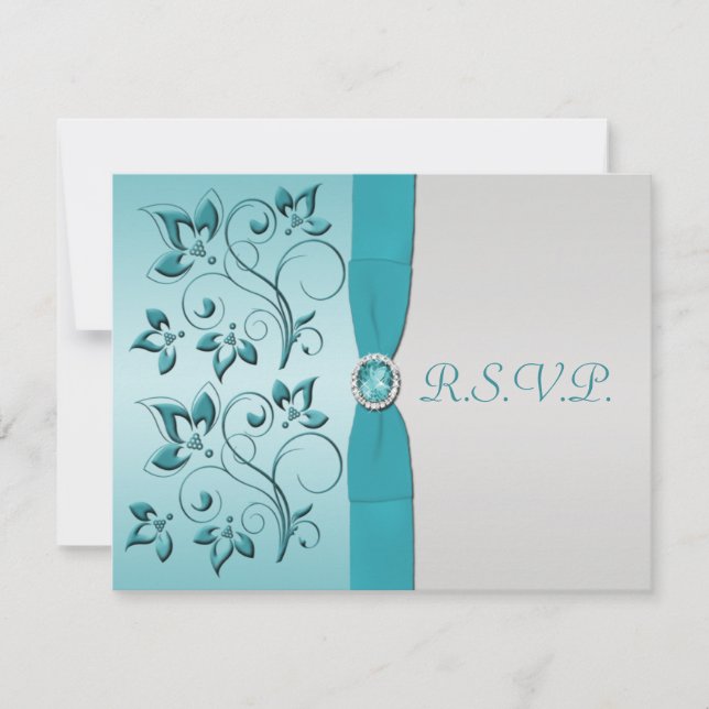 Carte RSVP RIBBON Aqua, Quinceanera argent imprimé (Devant)