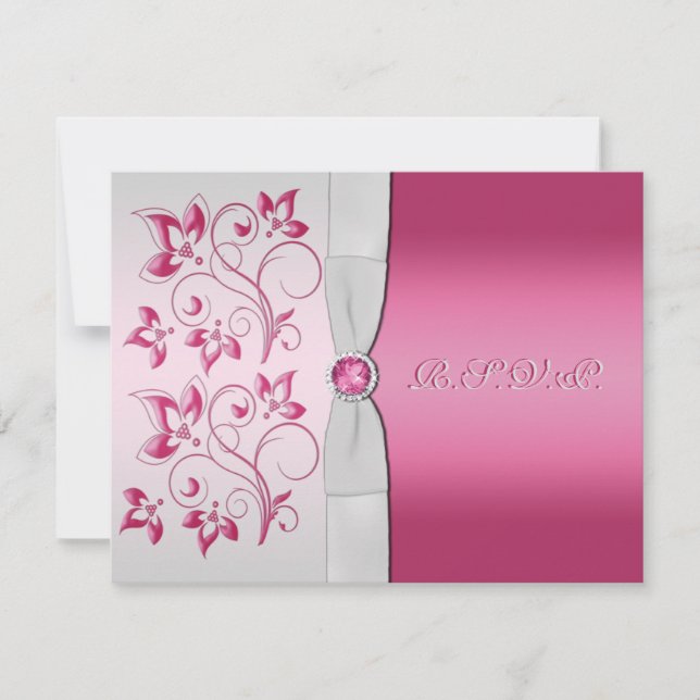 Carte RSVP RIBBON Argent, Rose Floral IMPRIMÉE (Devant)