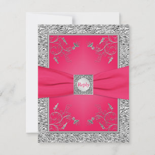 Carte RSVP Rose, Feuille FAUX Argent, Floral