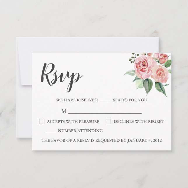 Carte RSVP rose Floral Watercolor Wedding (Devant)