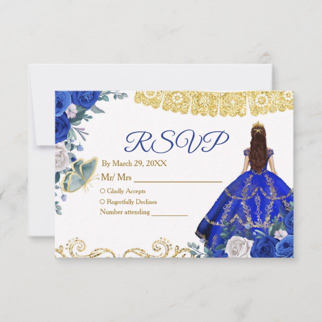 Carte RSVP Royal bleu Quinceañera 15 Anos (Devant)