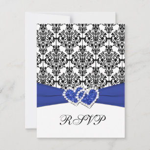 Carte RSVP Royal Blue, White, Black Damask & Heart