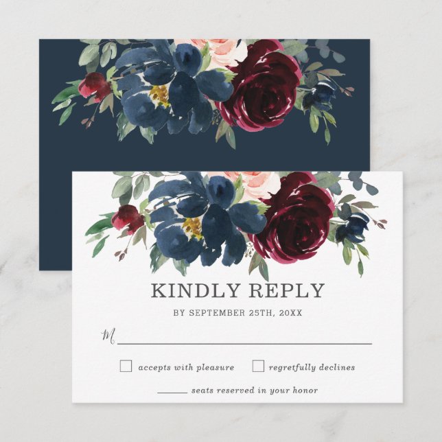 Carte RSVP RSVP Rustique Burgundy Marine Rose Flor (Devant / Derrière)