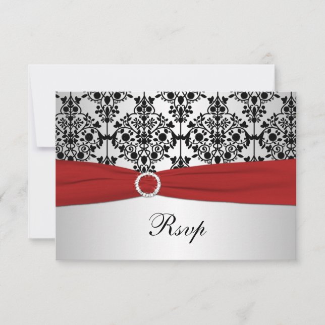 CARTE RSVP RUBAN IMPRIMÉ DAMASSÉ rouge, gris et no (Devant)