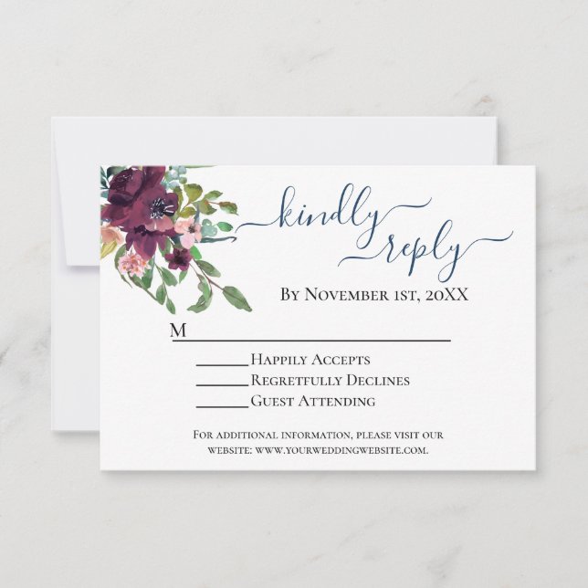 Carte RSVP Rustic Blue et Bourgogne Floral Wedding (Devant)