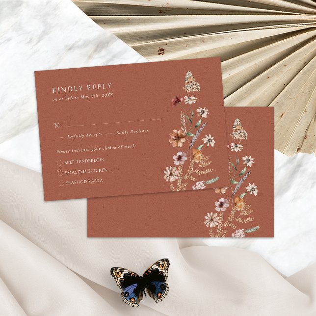 Carte RSVP Rustique Boho Terracotta (Terracotta Rustic Boho Floral RSVP Card with Butterfly by Painted Paperie
)