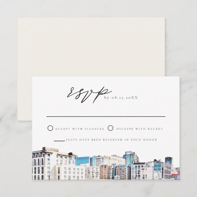 Carte RSVP SAN DIEGO Watercolor Skyline Destinatio (Devant / Derrière)