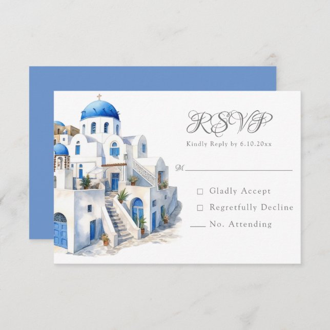 Carte RSVP Santorin bleu et blanc (Devant / Derrière)