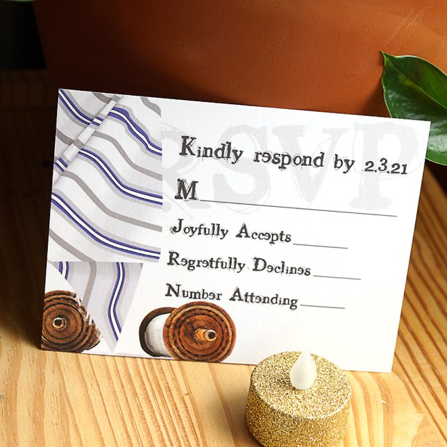 Carte RSVP Tallit Bar Mitzvah (bar mitzvah rsvp card with blue and white striped tallit and scrolls, paper enclosure card)